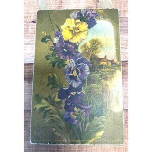 Vintage Floral Pansy Plaque With "Best Wishes" Text & Ribbon Hanger